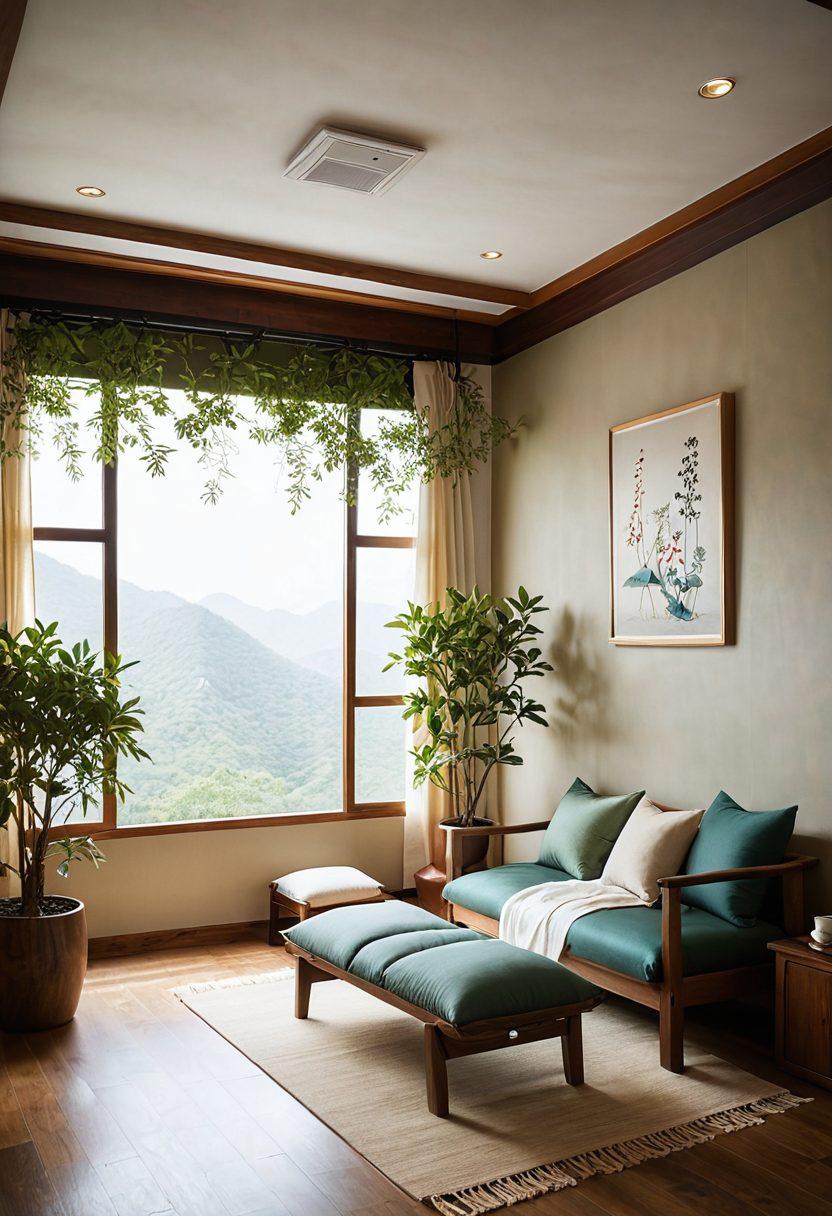 A serene therapy room infused with traditional South Korean decor, featuring a calm therapist engaged in a conversation with a client. Elements of Korean culture such as Hanbok fabric, wooden furniture, and artworks reflecting nature should be present, creating a warm and inviting atmosphere. Soft lighting and plants symbolizing growth and healing enhance the scene. harmonious blend of modern and traditional design. super-realistic. vibrant colors. warm undertones.