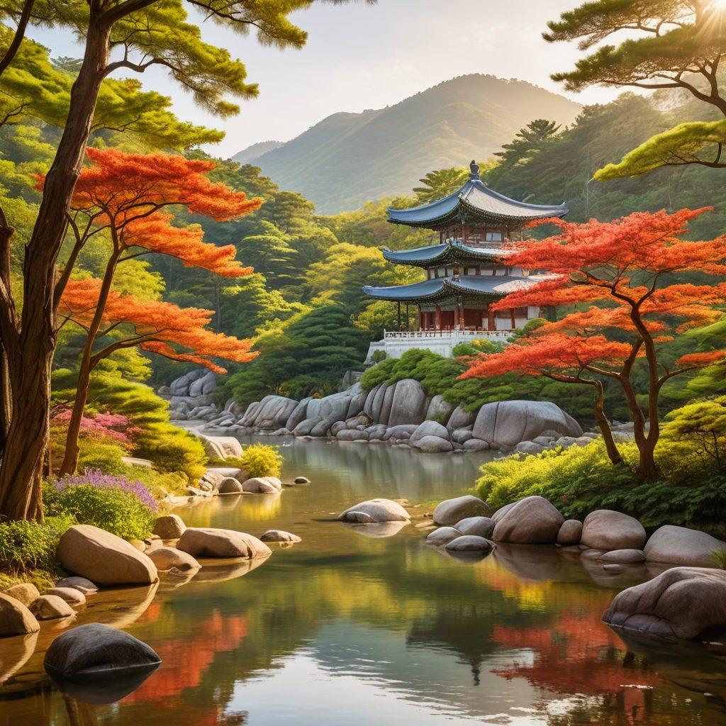 A serene landscape featuring a traditional South Korean temple surrounded by lush greenery, symbolizing mental resilience. In the foreground, people practicing mindfulness and meditation, showcasing diverse ages and backgrounds. Soft, warm sunlight filtering through the trees, creating a calming atmosphere. Incorporate elements of nature like flowing water and blooming flowers to represent well-being. vibrant colors. painting.