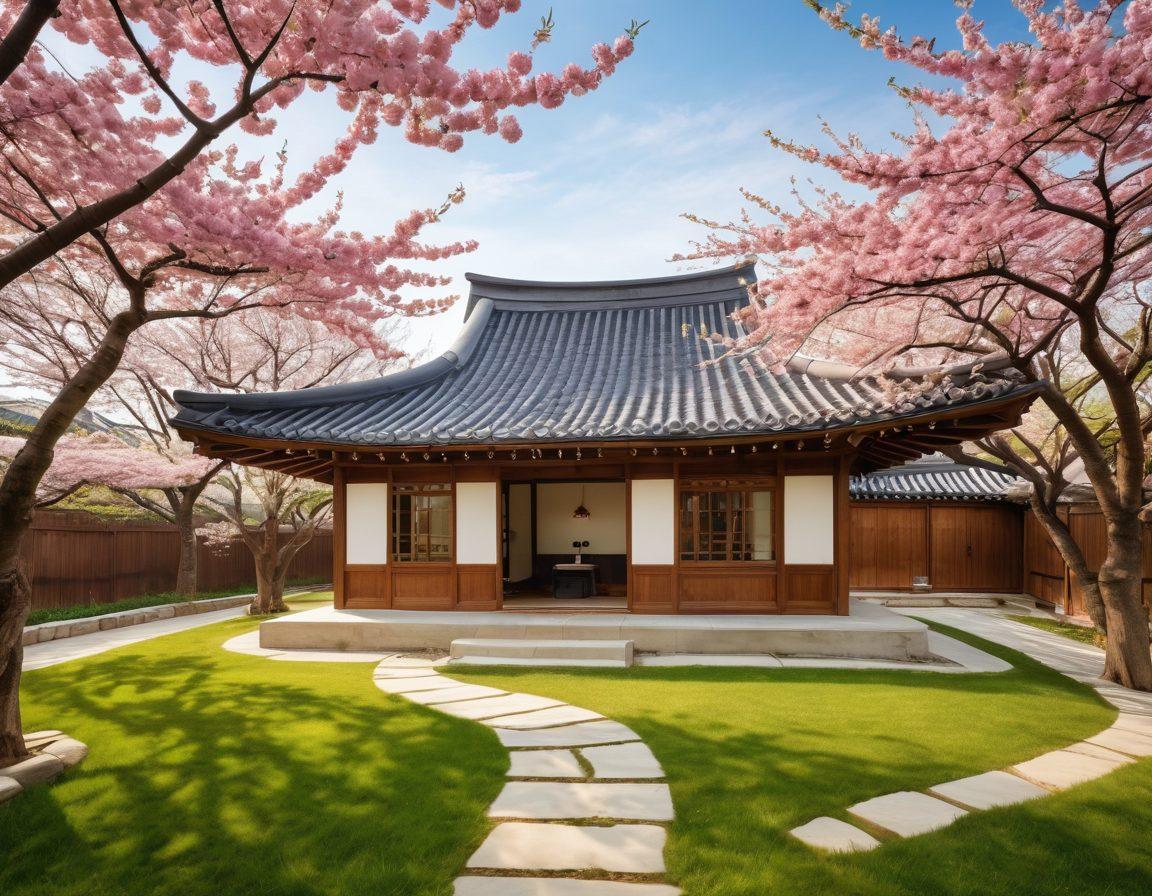 A serene traditional South Korean setting with a beautiful hanok house surrounded by cherry blossoms, blending seamlessly into a modern wellness center adorned with calming decor. Include a diverse group of individuals engaged in mindfulness practices, such as meditation and yoga, showcasing harmony between cultural traditions and modern mental wellness. The scene should evoke a sense of tranquility and connection to nature. vibrant colors. super-realistic. 3D.